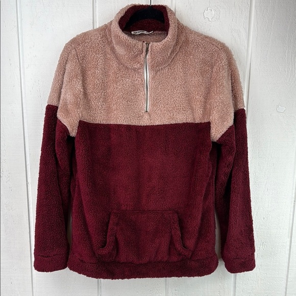 Doublju Women's Two-Tone Women's XS Pink and Maroon Half Zip Sherpa Pullover - Picture 1 of 10